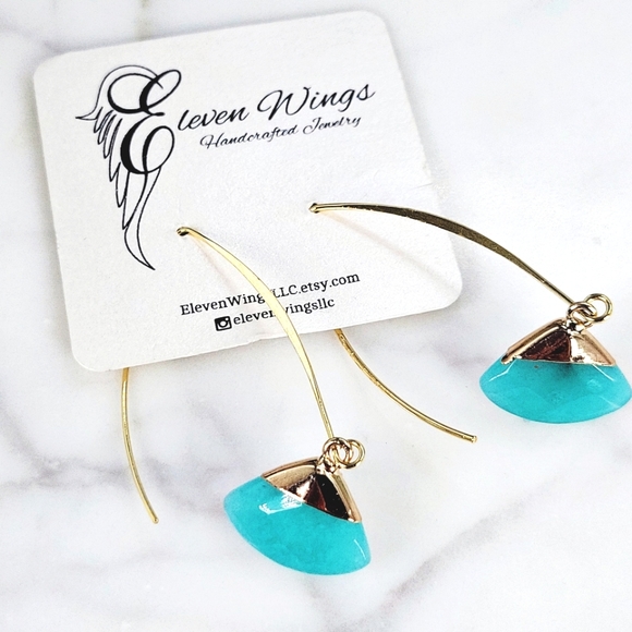 New Eleven Wings Aqua Amazonite Earrings Artisan Dangle Pierced Wire Dai… - Picture 9 of 9